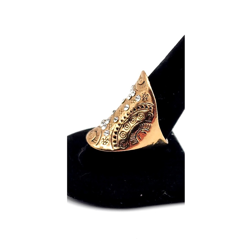 Gold Tone Tribal Engraved Statement Ring Women's Shield Rhinestone Boho Jewelry - Picture 10 of 10